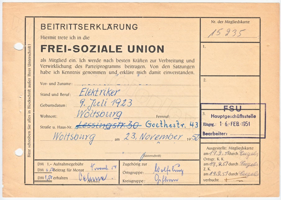 Frei-Soziale Union, Beitrittserklärung 1950