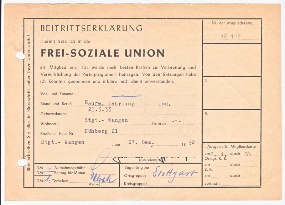 Frei-Soziale Union, Beitrittserklärung 1952