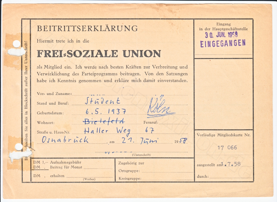 Frei=Soziale Union, Beitrittserklärung 1958