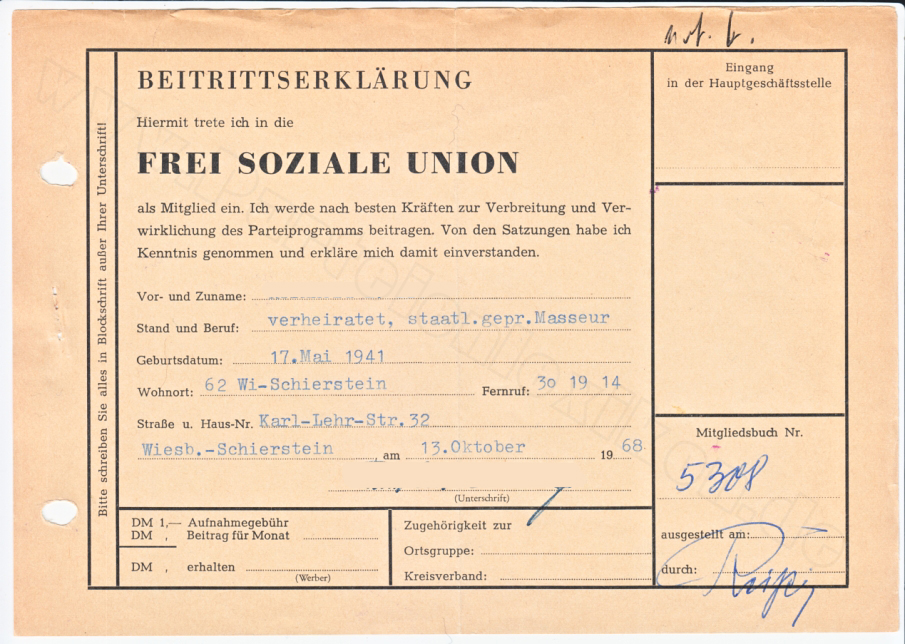 Frei Soziale Union, Beitrittserklärung 1968