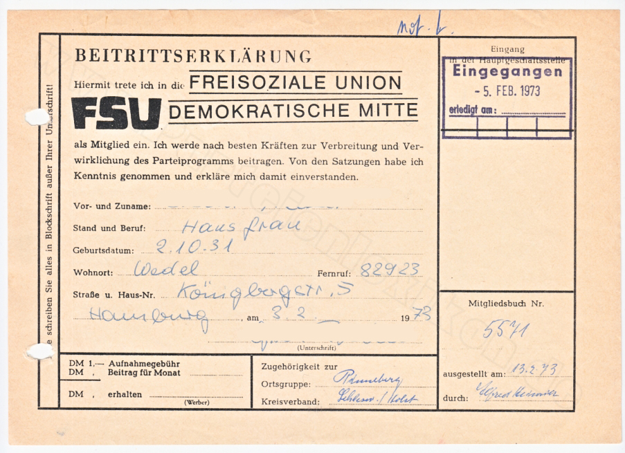FREISOZIALE UNION DEMOKRATISCHE MITTE, Beitrittserklärung 1973