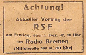 Anzeige RSF Vortrag im Radio Bremen 1947