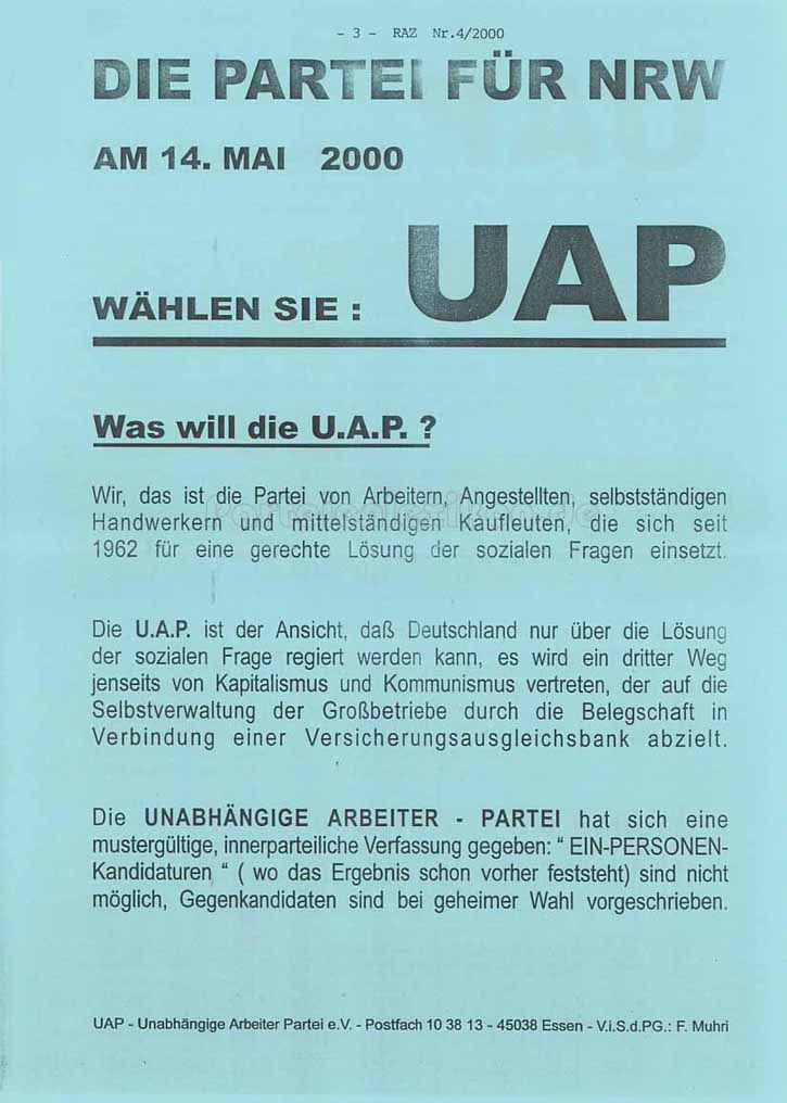 UAP Flugblatt: Die Partei für NRW