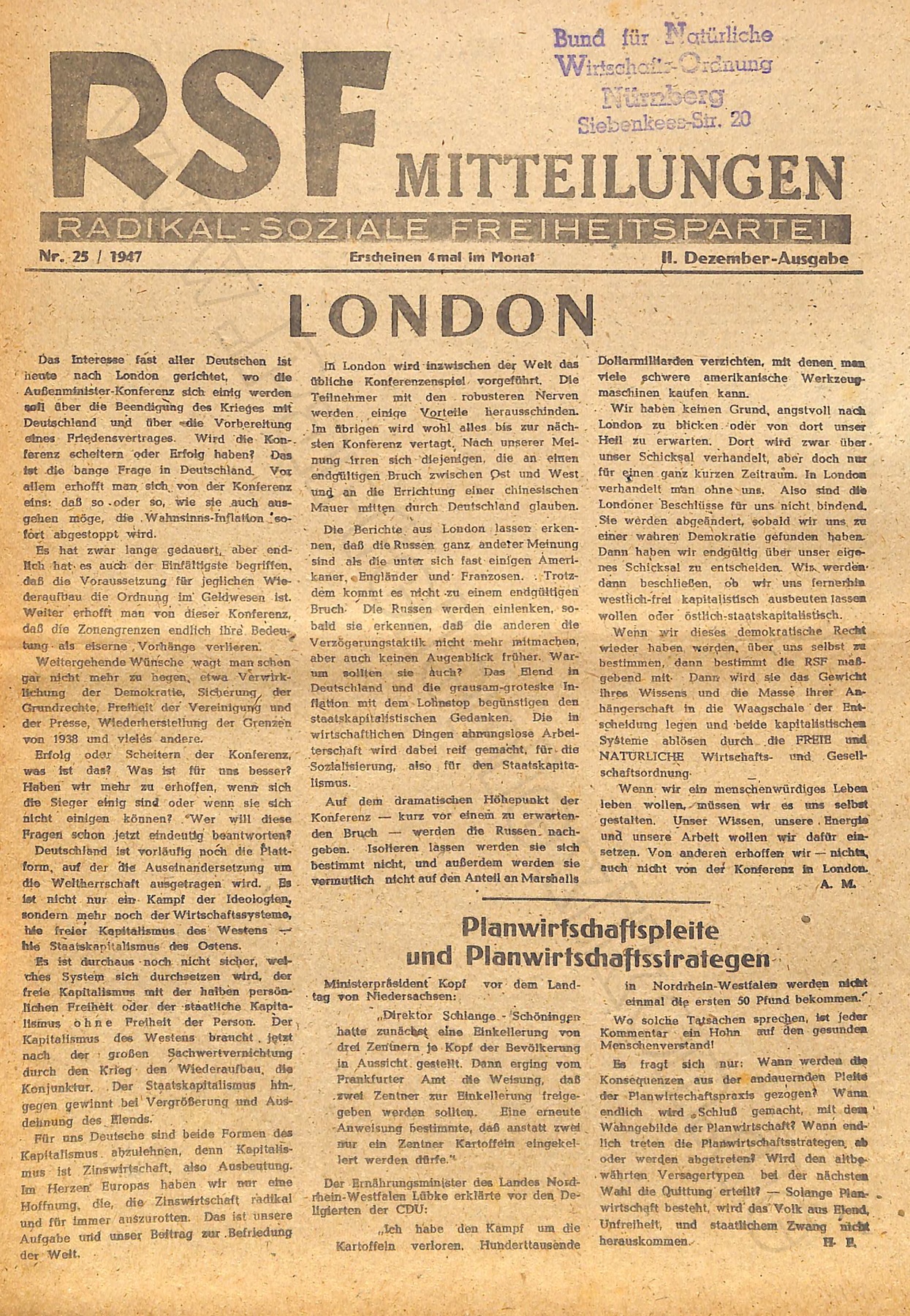 RSF Mitteilungen Nummer 25 / 1947, Seite 1